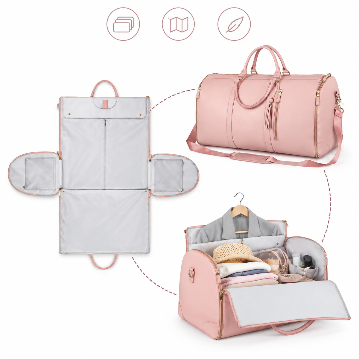 Faltbarer Kleidersack mit Schultergurt – 2-in-1 Reisetasche aus PU, 52 × 25 × 32 cm -    Zorenza