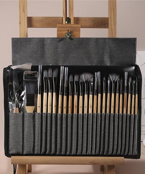 Pinselset 24-teilig mit Rollmappe – 7 Pinselformen und Malmesser -    Zorenza
