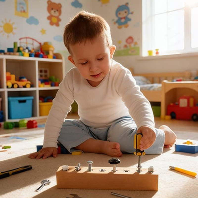Schraubbrett aus Holz für Kinder – 8 verschiedene Befestiger Zorenza