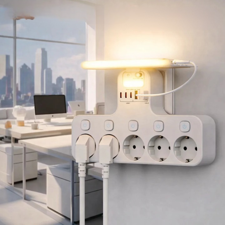 Wand-Steckdosenleiste mit USB-Ports, Handyablage und Nachtlicht Zorenza