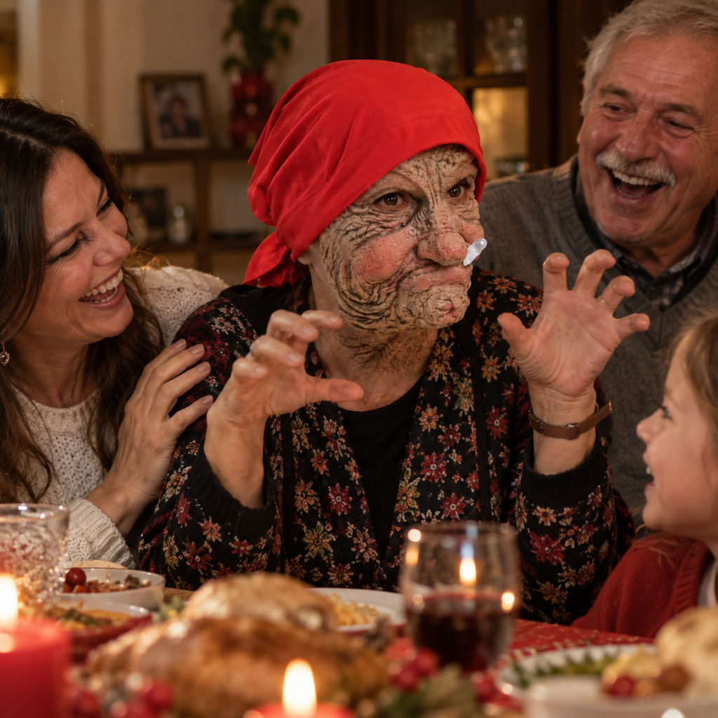 Latexmaske Oma faltiges Gesicht mit roter Kopfbedeckung -    Zorenza