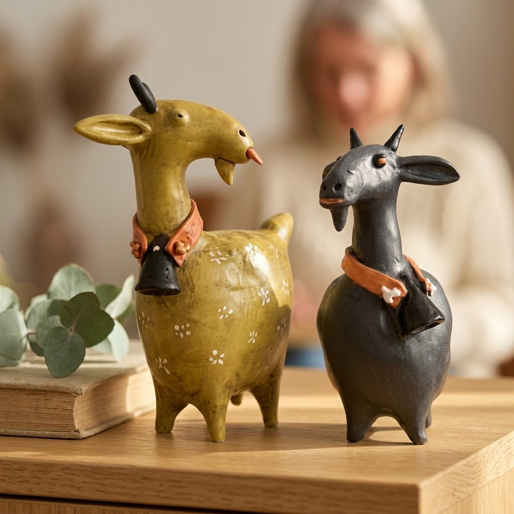 Ziegenfiguren-Set Resin Rustikal – 2-teilig für Regal und Kaminsims -    Zorenza