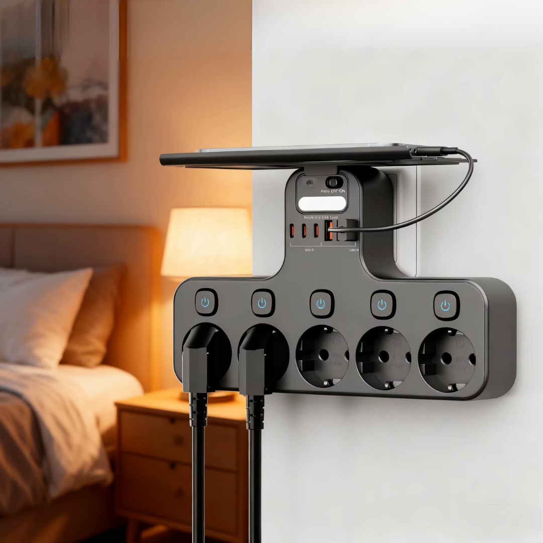Wand-Steckdosenleiste mit USB-Ports, Handyablage und Nachtlicht Zorenza