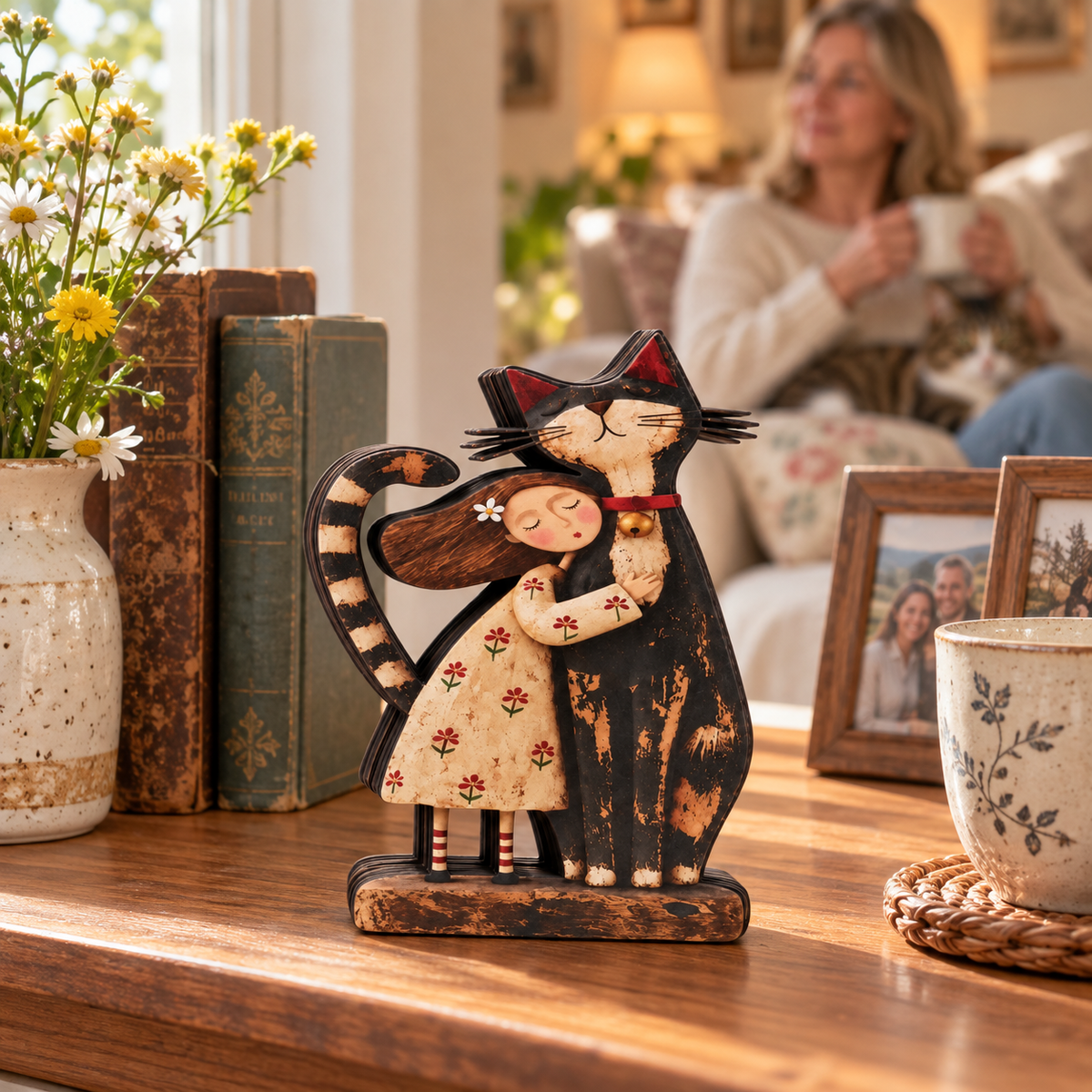Holzfigur Mädchen mit Haustier – Handgeschnitzt -    Zorenza