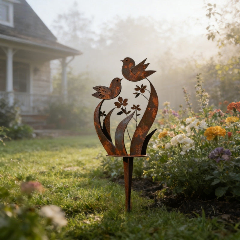Gartenstecker Eisen mit Vogel- und Blumenmotiv -    Zorenza