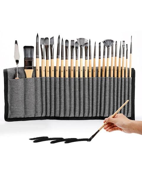 Pinselset 24-teilig mit Rollmappe – 7 Pinselformen und Malmesser -    Zorenza