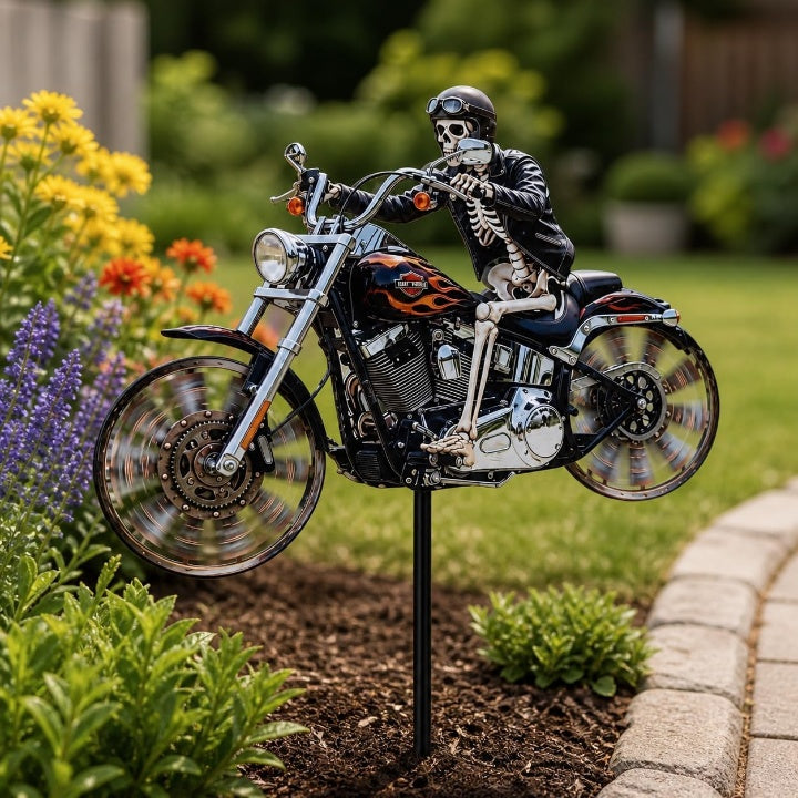 Motorrad-Windrad mit Skelett-Fahrer für Garten -    Zorenza