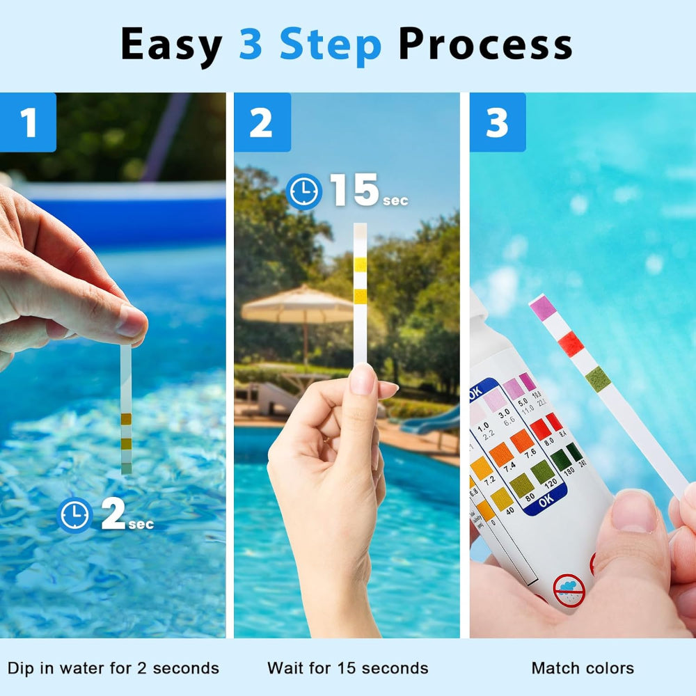 Pool-Teststreifen 3-in-1 für Chlor, pH-Wert und Alkalinität -    Zorenza