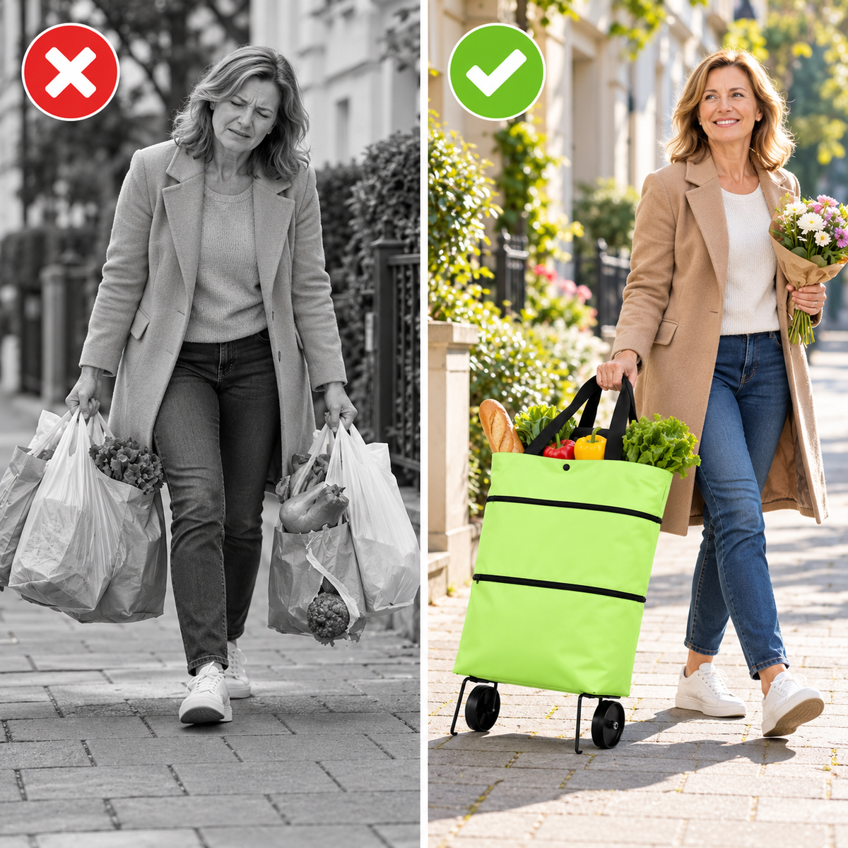 Falttasche mit Rollen – Einkaufstrolley und Schultertasche -    Zorenza