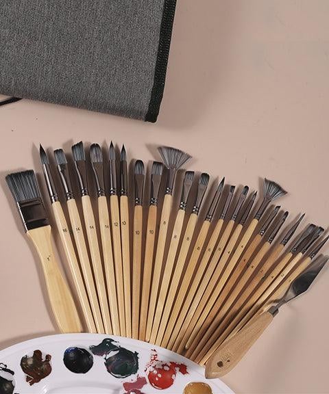 Pinselset 24-teilig mit Rollmappe – 7 Pinselformen und Malmesser -    Zorenza