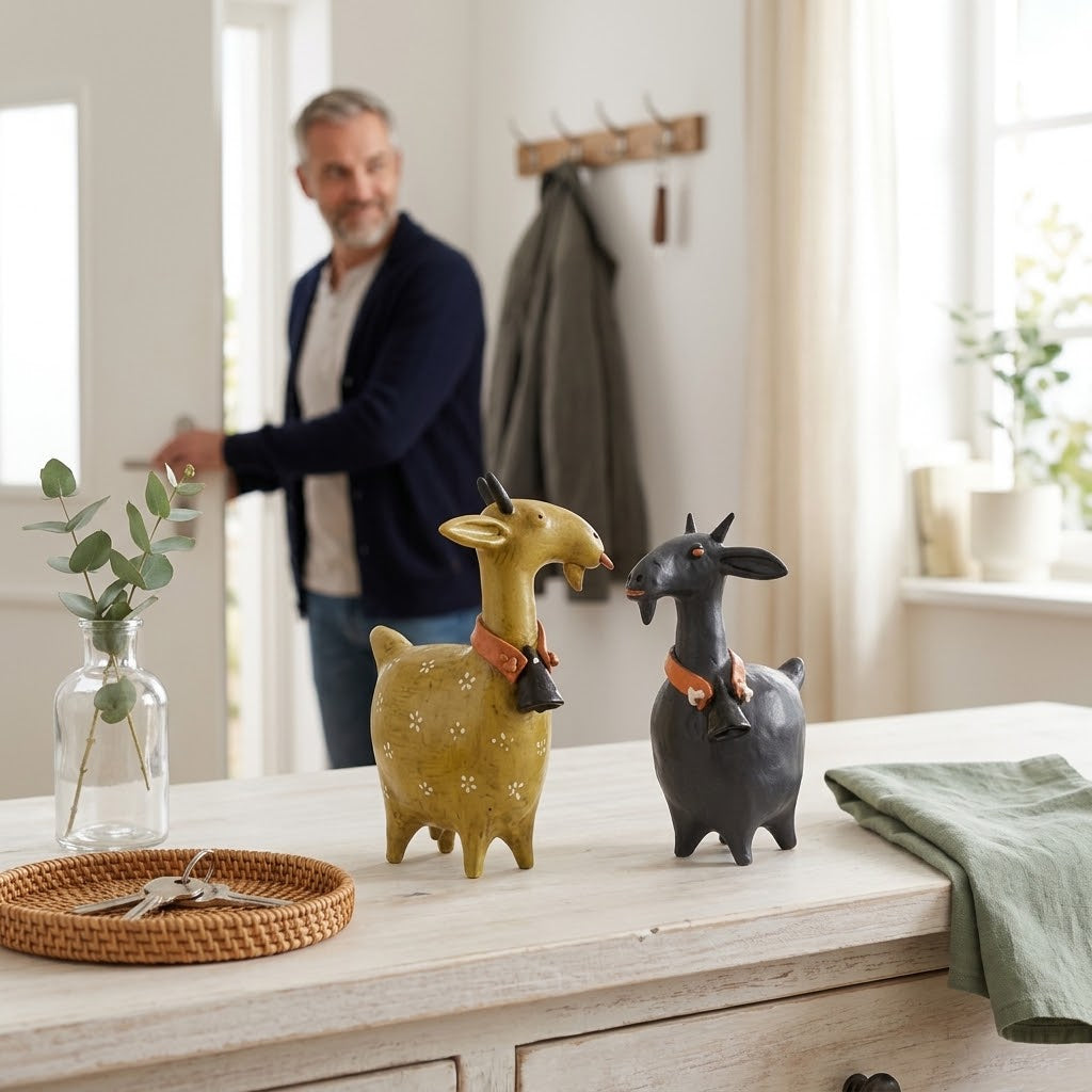 Ziegenfiguren-Set Resin Rustikal – 2-teilig für Regal und Kaminsims -    Zorenza