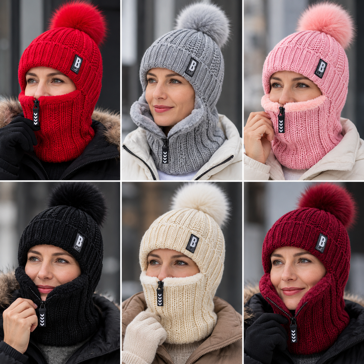 Strickmütze mit Schal und Fellbommel – Winddicht für kalte Tage -    Zorenza