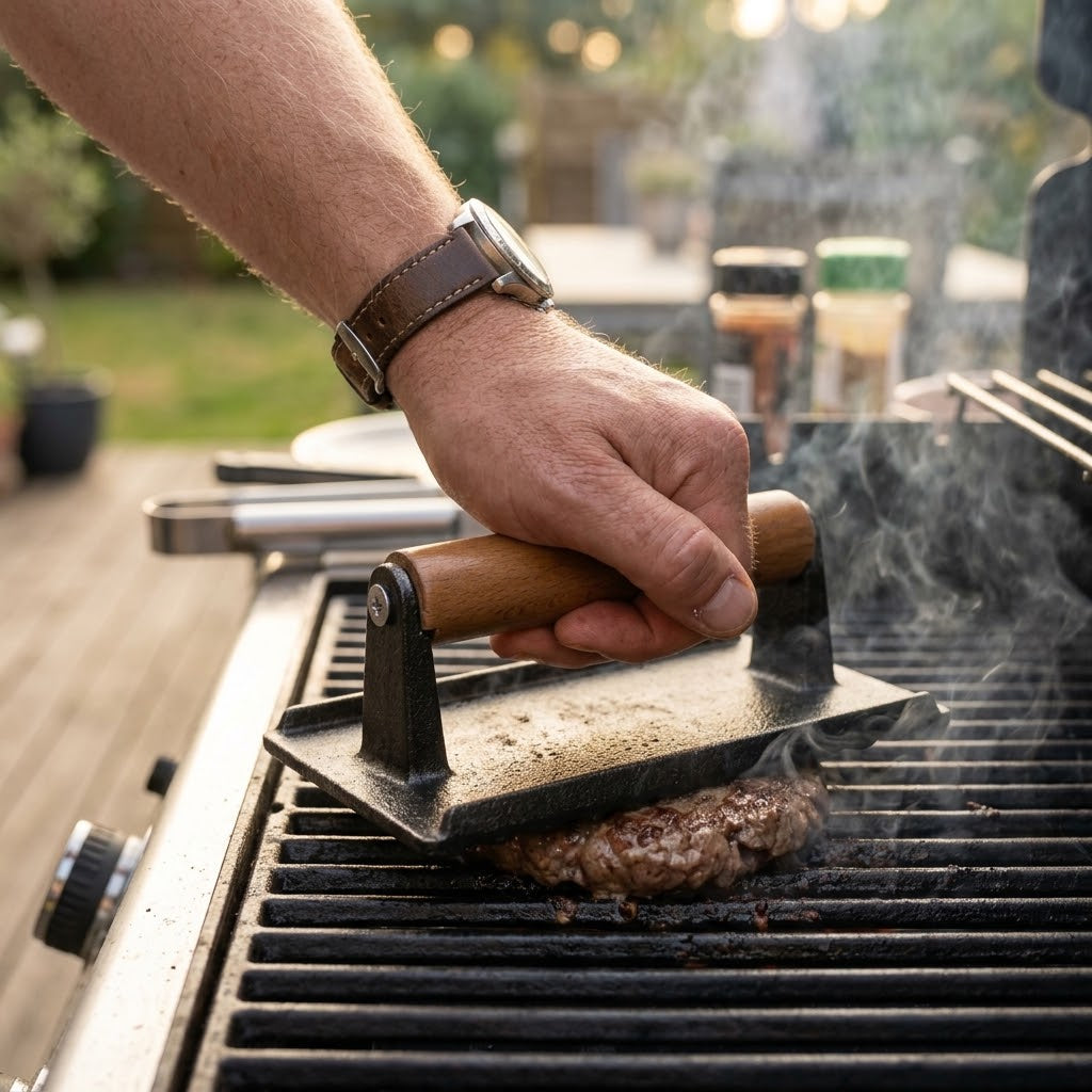Grillpresse Gusseisen mit Holzgriff -    Zorenza