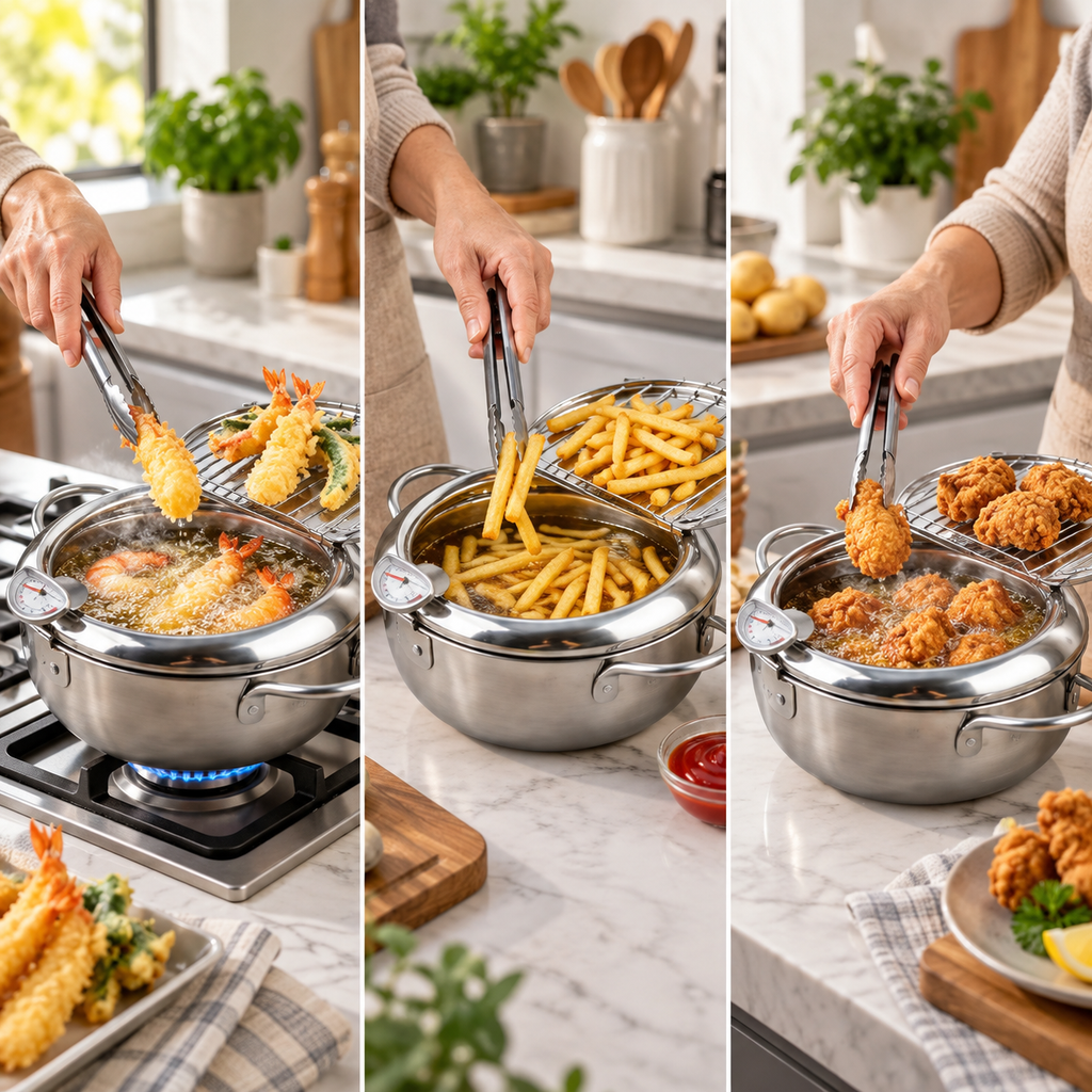 Frittiertopf Edelstahl mit Thermometer und Ölablauf -    Zorenza