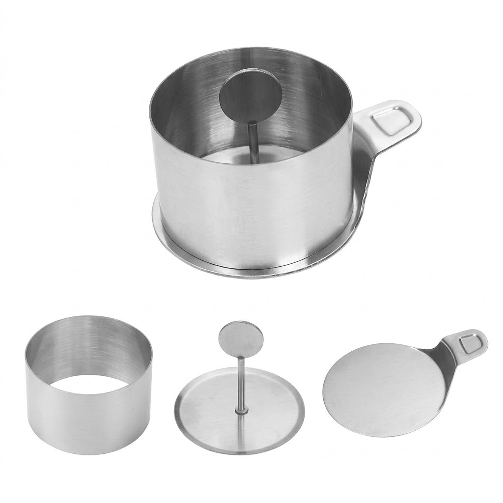 Dessertring Edelstahl mit Stempel und Bodenplatte, 3-teilig – Rund oder Herzform, Ø 8 cm -    Zorenza
