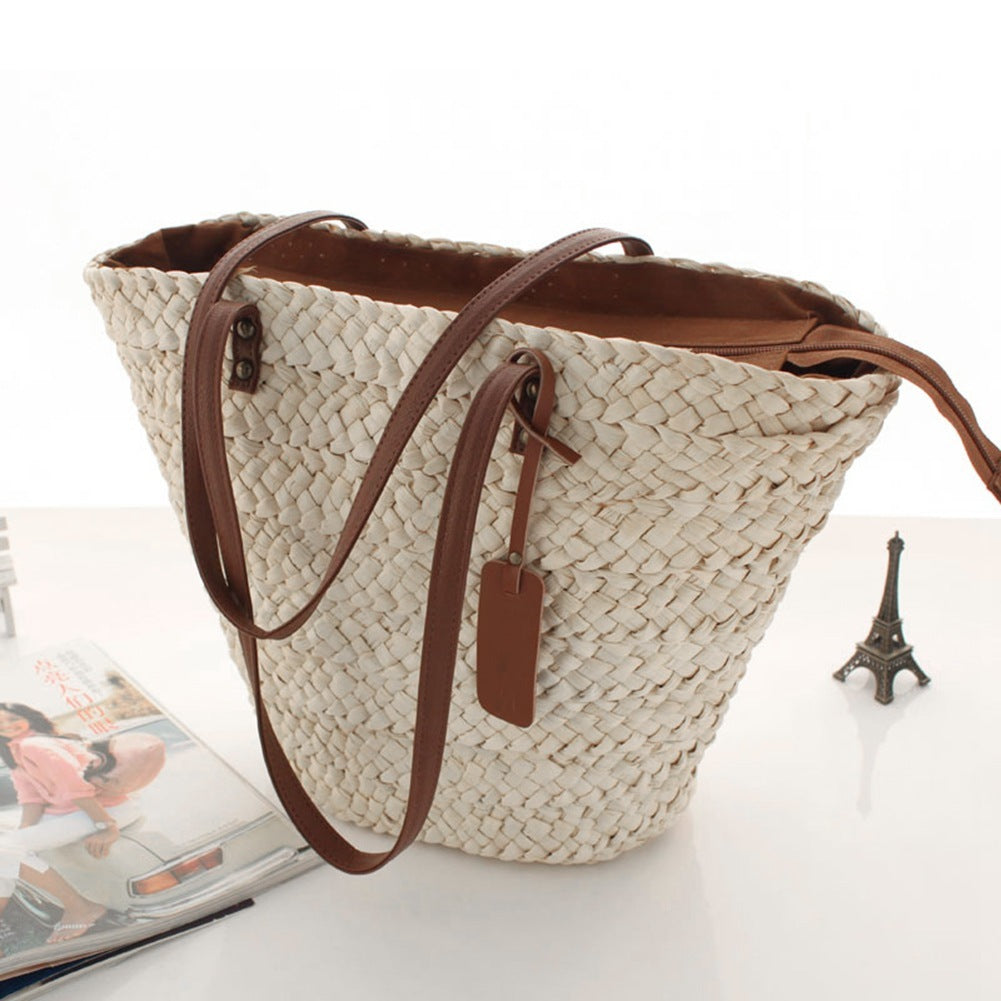 Strandtasche Stroh mit Lederriemen – Natürlicher Boho-Stil -    Zorenza