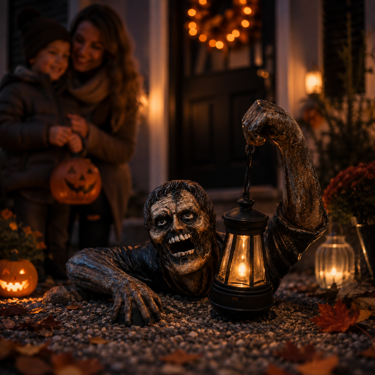 Zombie-Gartenfigur mit Laterne aus Resin -    Zorenza