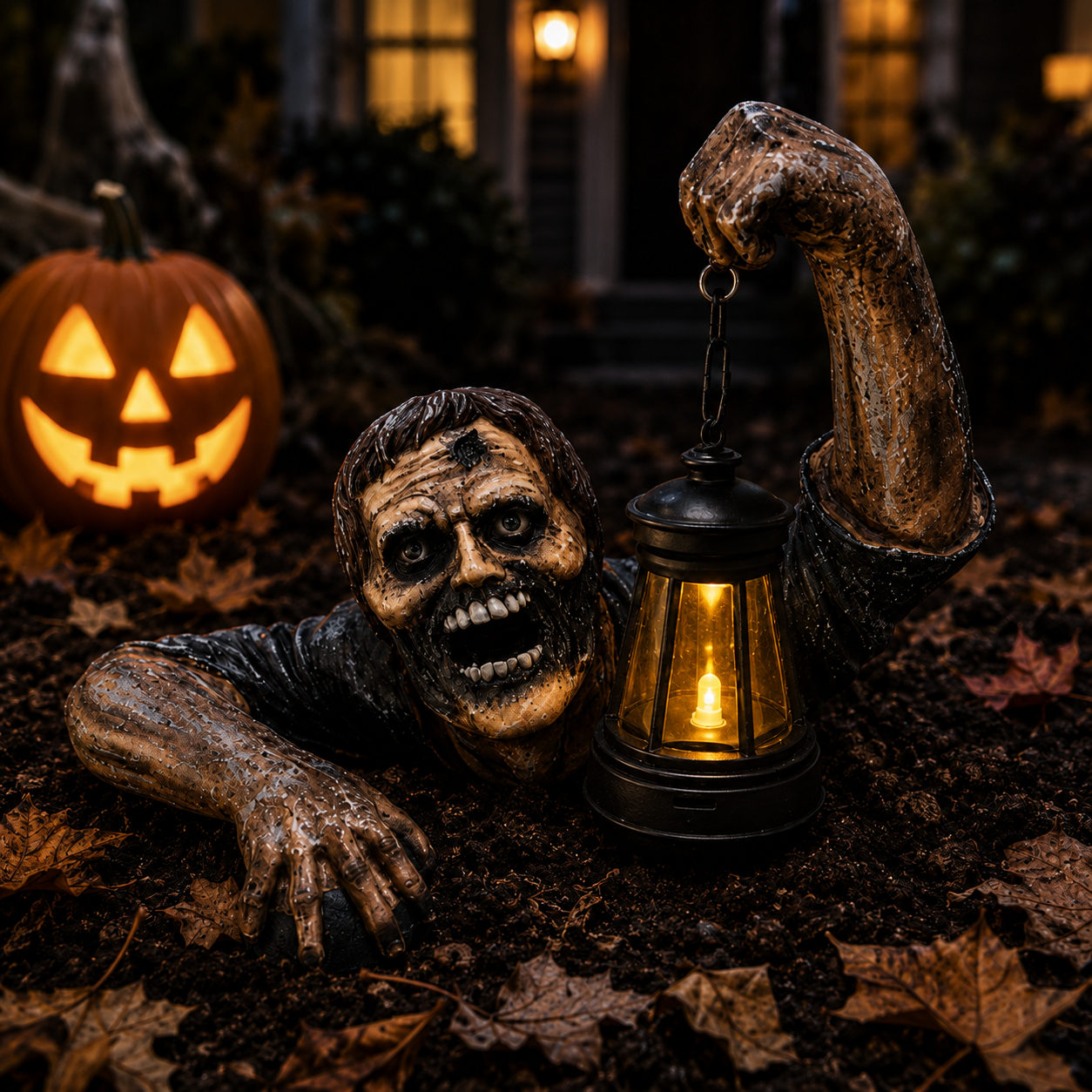 Zombie-Gartenfigur mit Laterne aus Resin -    Zorenza