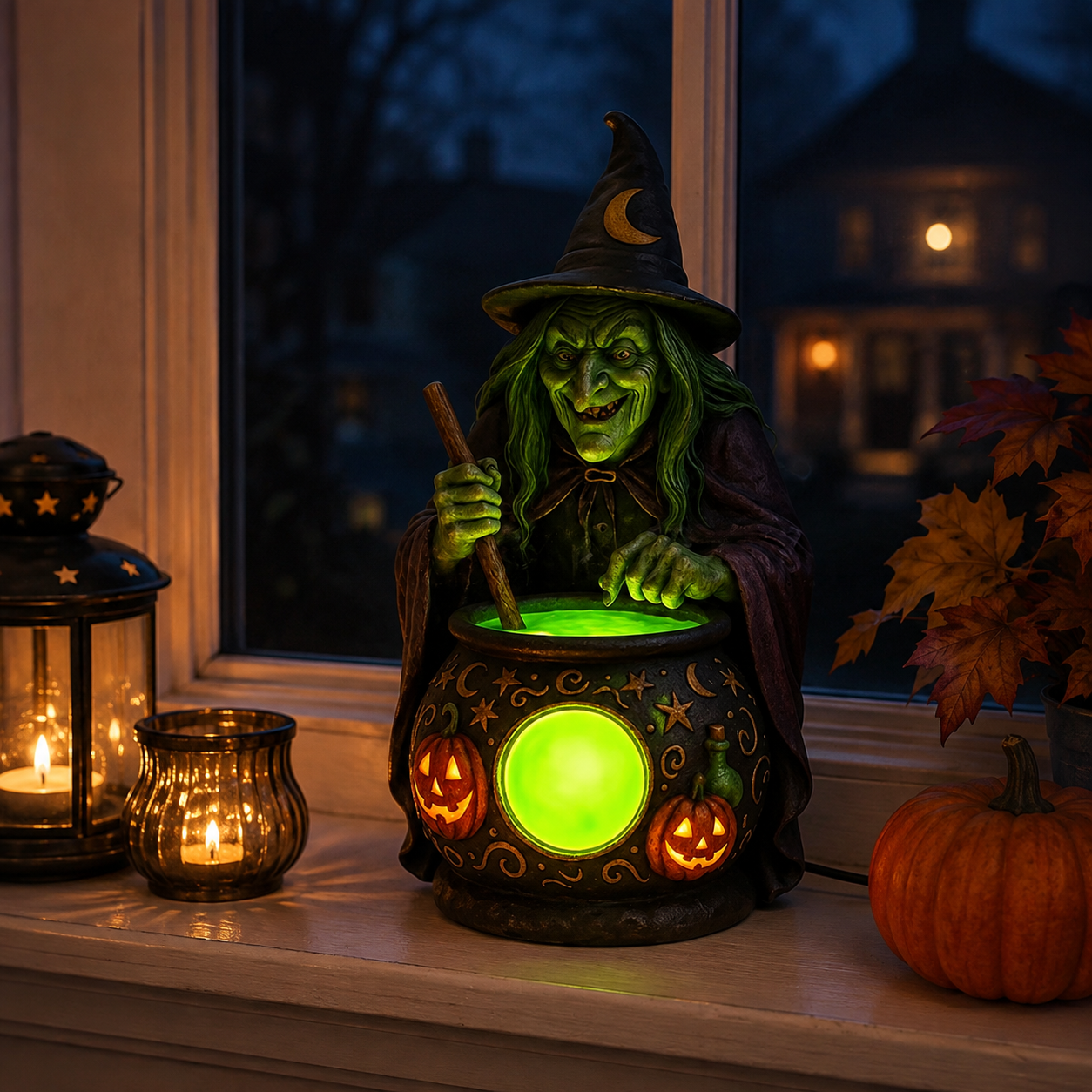 Hexen-Kessel Tischlampe Harz mit Neon-Grüner LED -    Zorenza