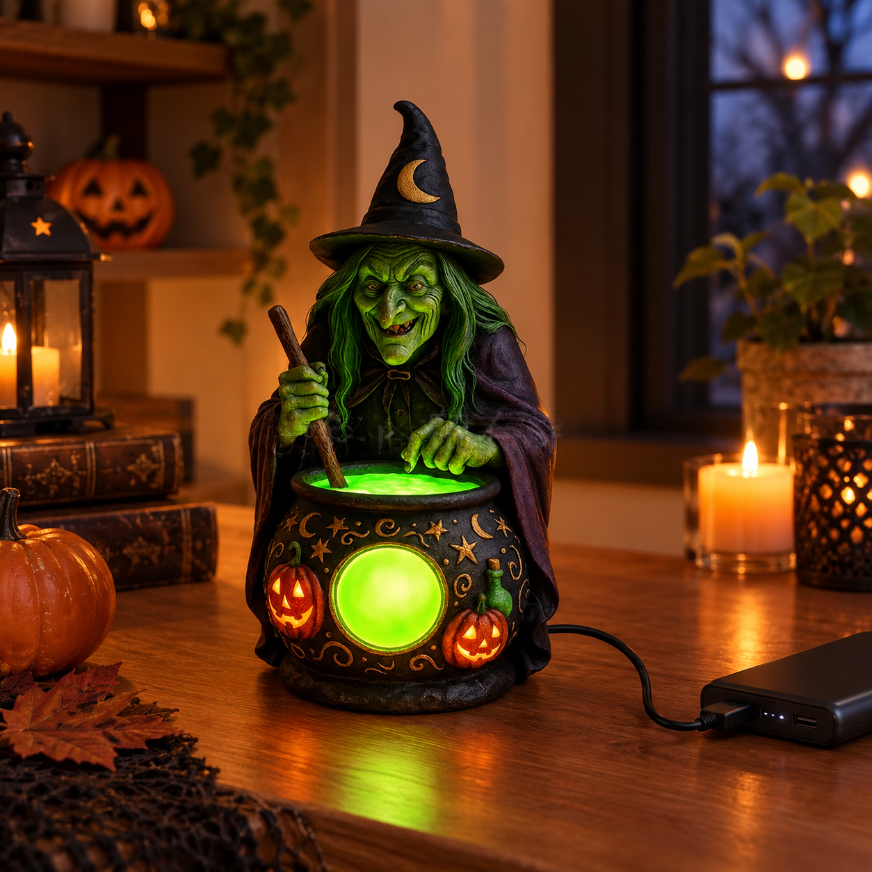 Hexen-Kessel Tischlampe Harz mit Neon-Grüner LED -    Zorenza