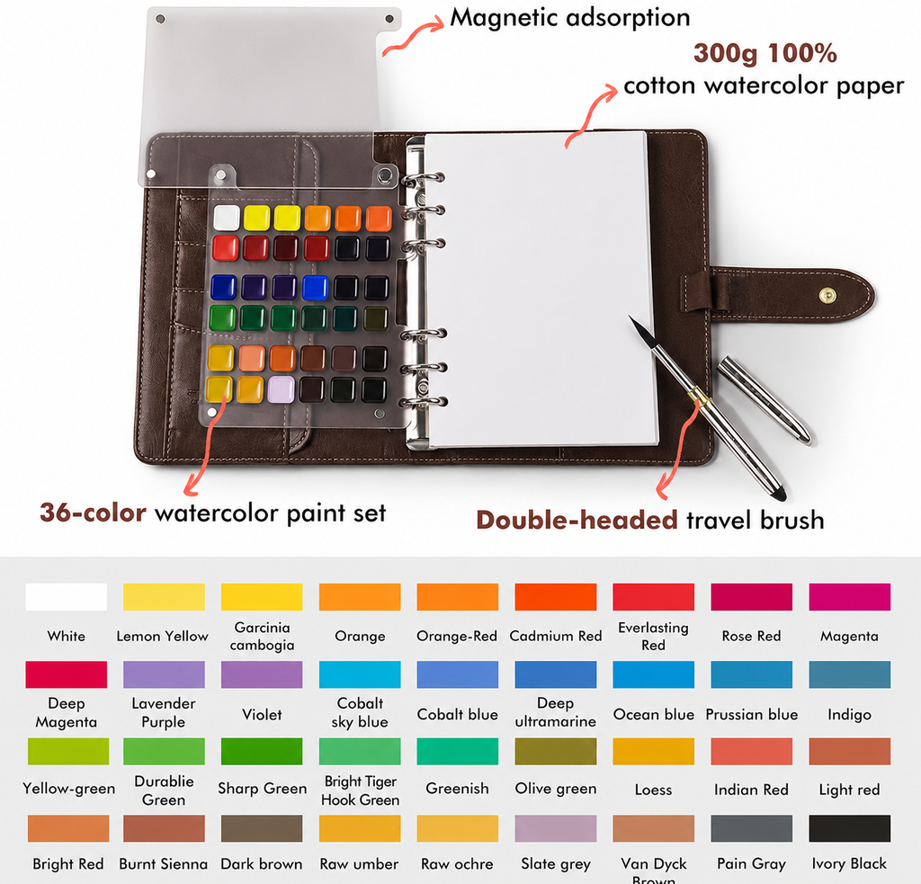 Aquarell-Reiseskizzenbuch mit Pinsel und Farbschale -    Zorenza