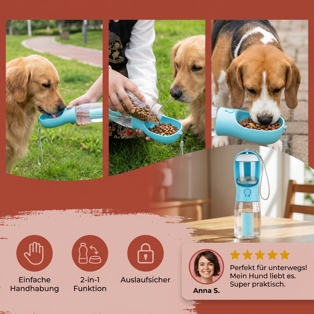 3-in-1 Hunde-Trinkflasche mit Futterbehälter und Beutelspender -    Zorenza