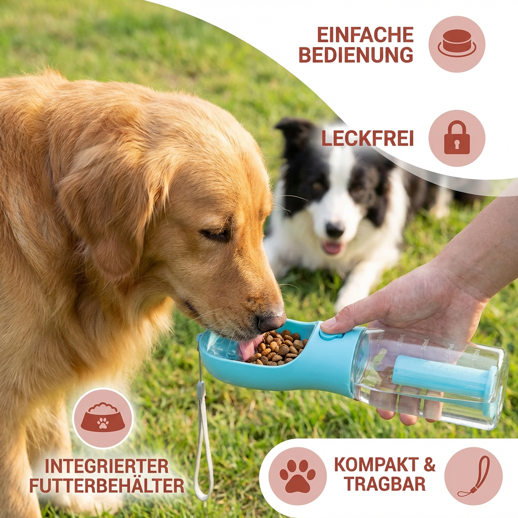 Hunde Trinkflasche 3-in-1 mit Futterbehälter und Abfallbeutel -    Zorenza