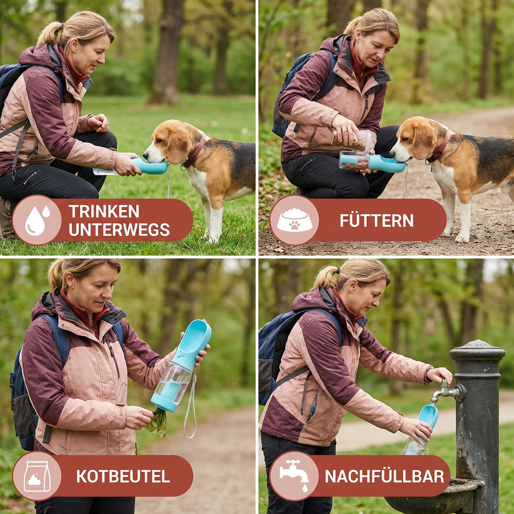 3-in-1 Hunde-Trinkflasche mit Futterbehälter und Beutelspender -    Zorenza