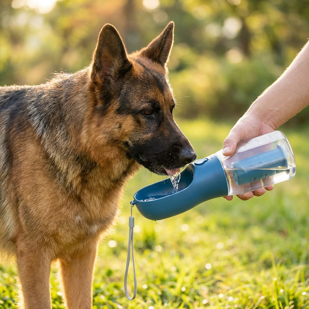 Hunde Trinkflasche 3-in-1 mit Futterbehälter und Abfallbeutel -    Zorenza