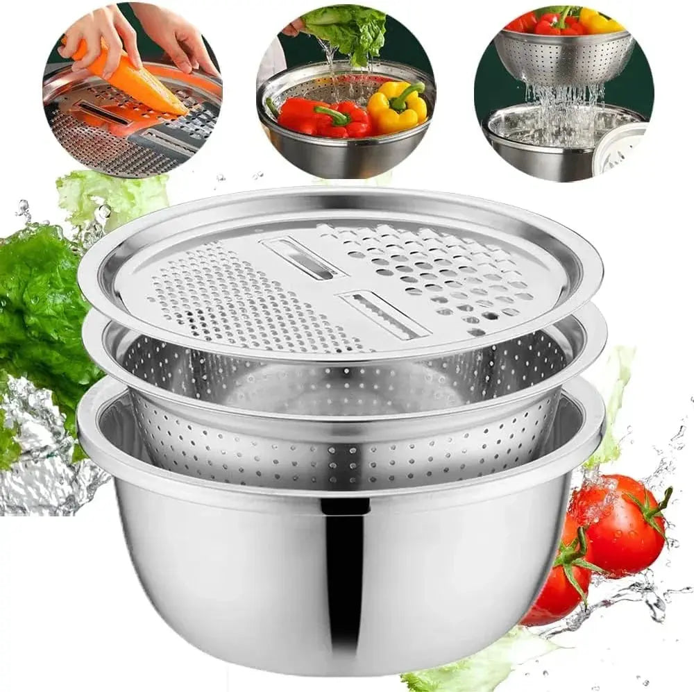Edelstahl-Schüssel-Set mit Reibe und Sieb – 3 in 1 Zorenza