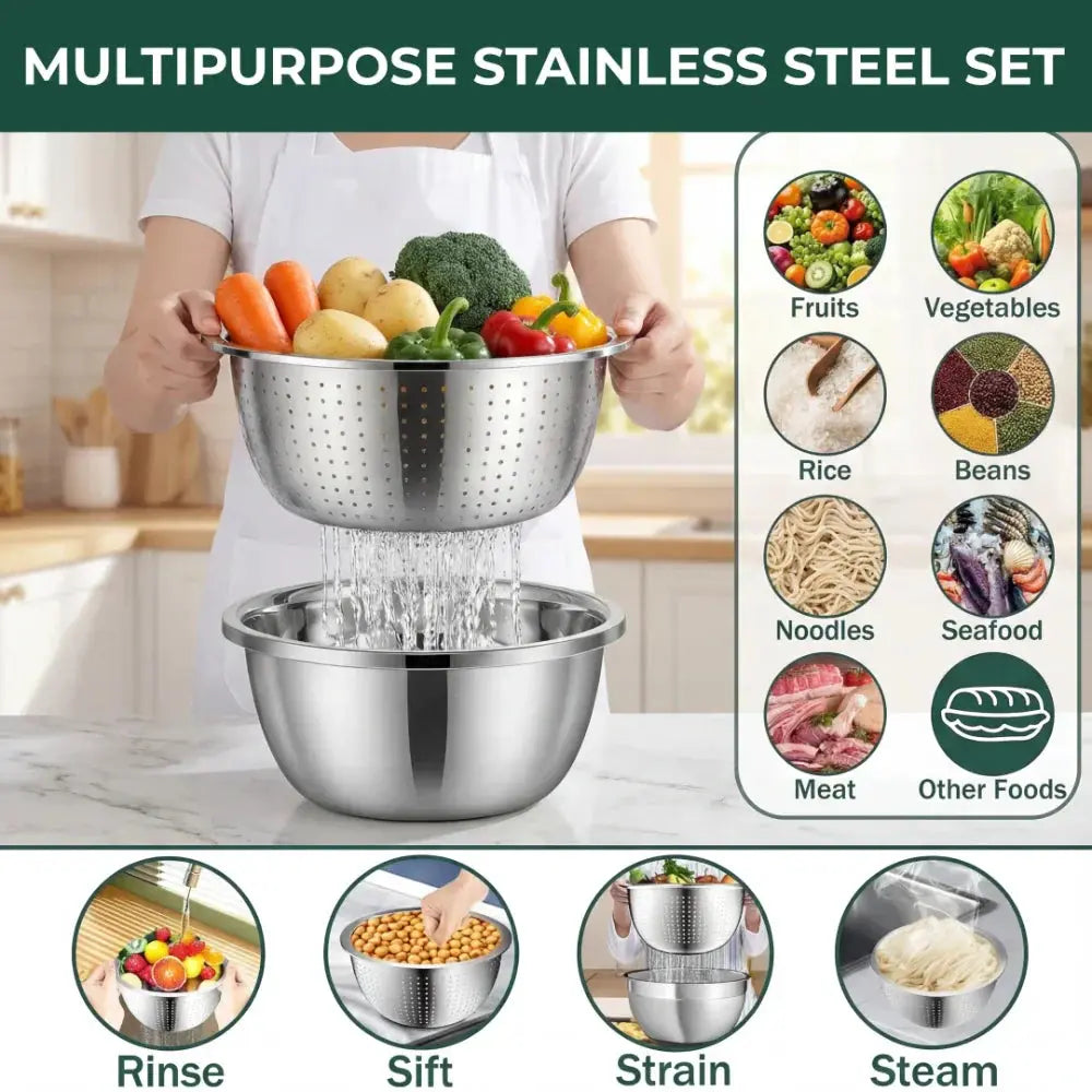Edelstahl-Schüssel-Set mit Reibe und Sieb – 3 in 1 Zorenza