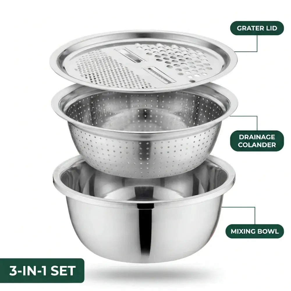 Edelstahl-Schüssel-Set mit Reibe und Sieb – 3 in 1 Zorenza