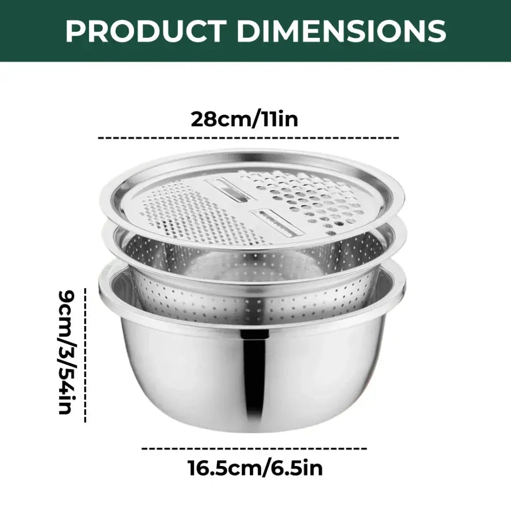 Edelstahl-Schüssel-Set mit Reibe und Sieb – 3 in 1 Zorenza