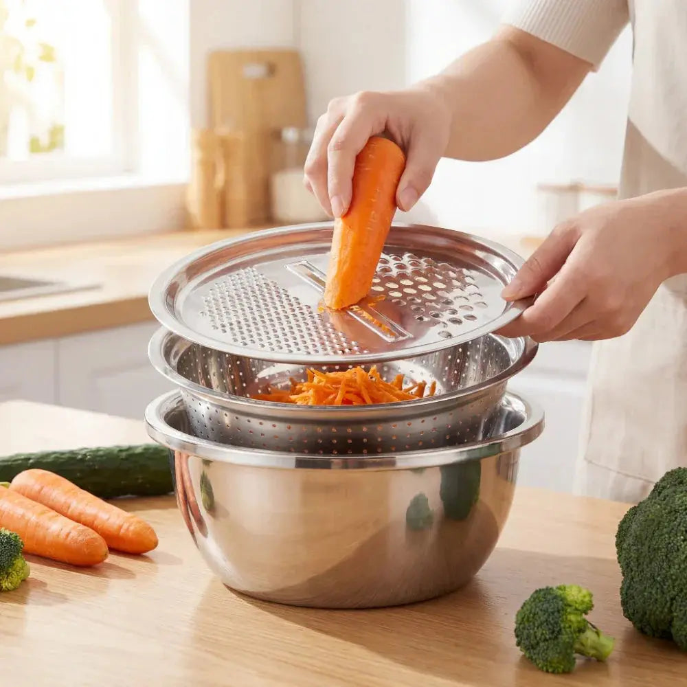 Edelstahl-Schüssel-Set mit Reibe und Sieb – 3 in 1 Zorenza