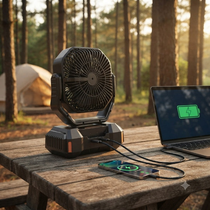 Campingventilator mit LED-Beleuchtung, 40.000 mAh Akku & Powerbank-Funktion -    Zorenza