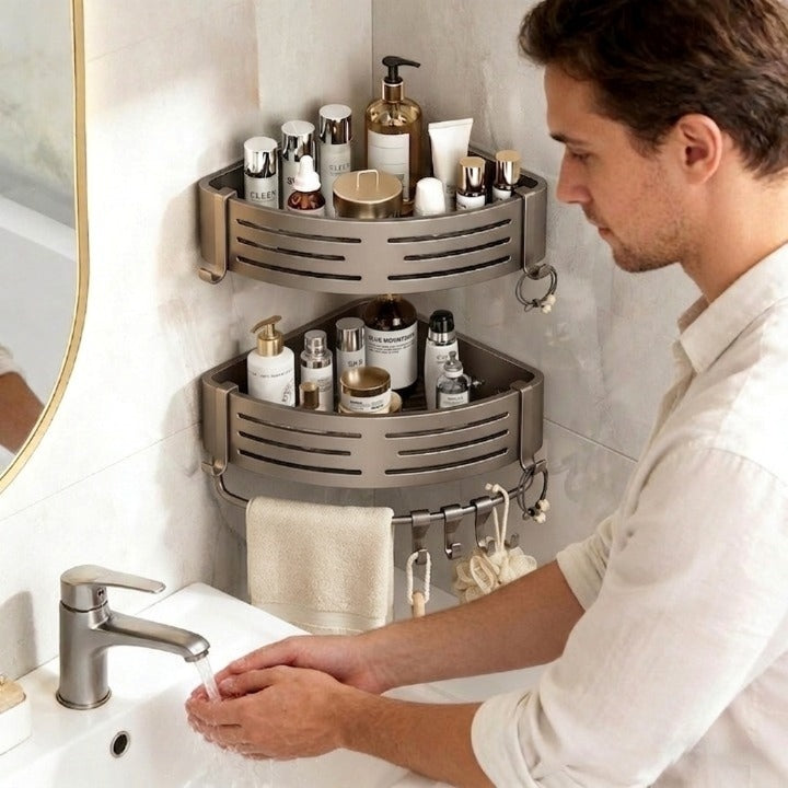 Duscheckregal 2er-Set – Bohrlochfreie Wandmontage mit Haken -    Zorenza