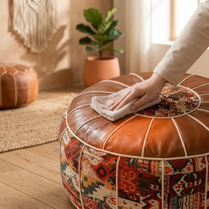 Kilim-Patchwork Sitzhocker mit Stauraum – Boho Pouf aus Kunstleder -    Zorenza