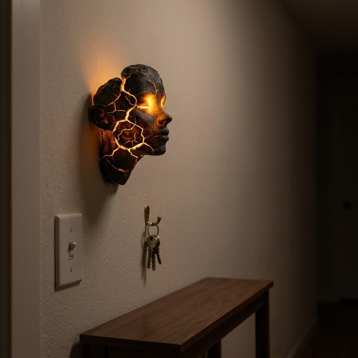 Wandleuchte Gesichts-Skulptur mit LED-beleuchteten Rissen -    Zorenza