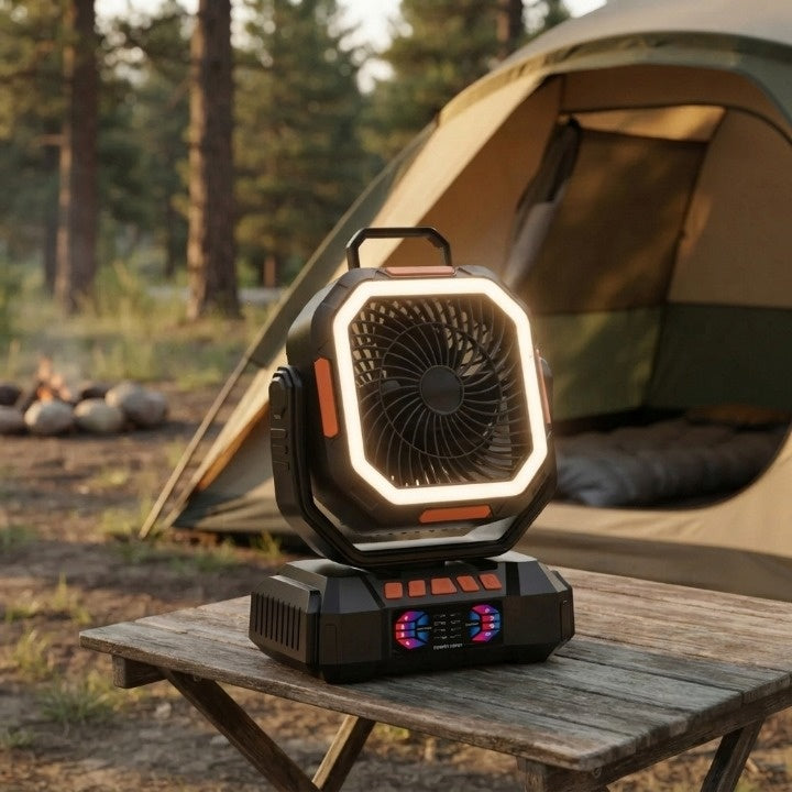 Campingventilator mit LED-Beleuchtung, 40.000 mAh Akku & Powerbank-Funktion -    Zorenza