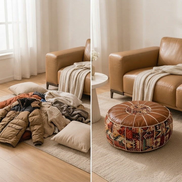 Kilim-Patchwork-Hocker mit Stauraum – Sitzen, Verstauen, Dekorieren -    Zorenza