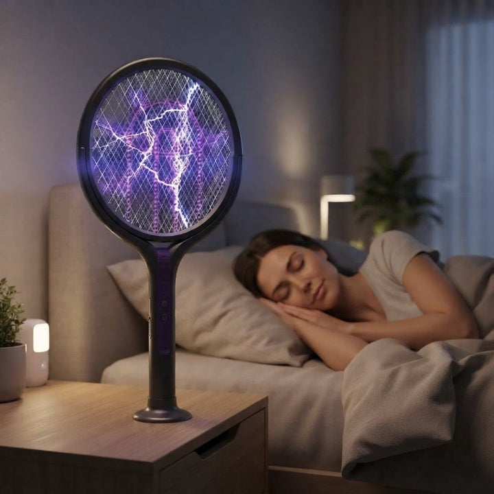 Elektrische Fliegenklatsche mit drehbarem Kopf, USB-wiederaufladbar, 5-lagiges Sicherheitsnetz -    Zorenza