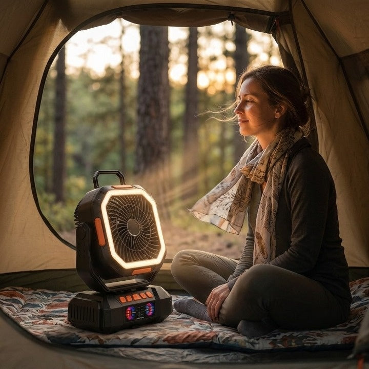 Campingventilator mit LED-Beleuchtung, 40.000 mAh Akku & Powerbank-Funktion -    Zorenza