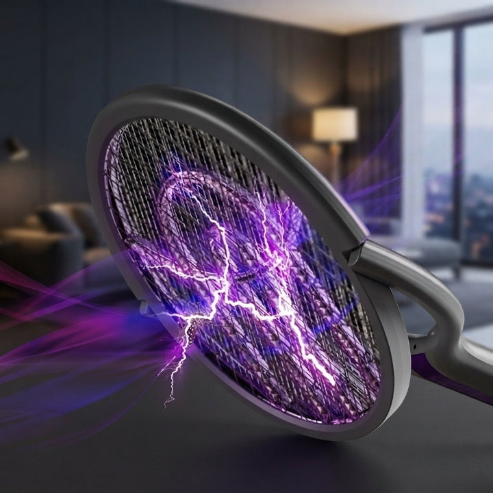 Elektrische Fliegenklatsche mit drehbarem Kopf, USB-wiederaufladbar, 5-lagiges Sicherheitsnetz -    Zorenza