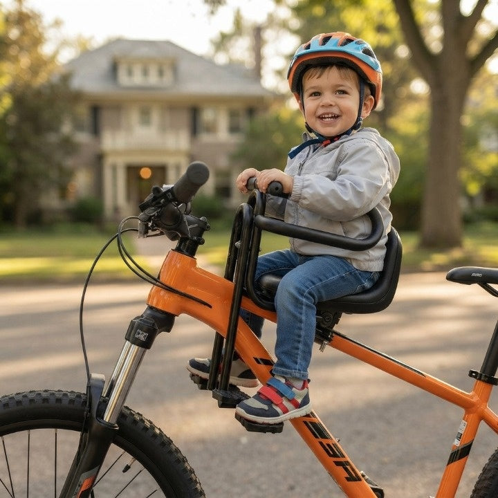 Fahrrad-Kindersitz vorne mit Klappfußrasten und Haltestange -    Zorenza