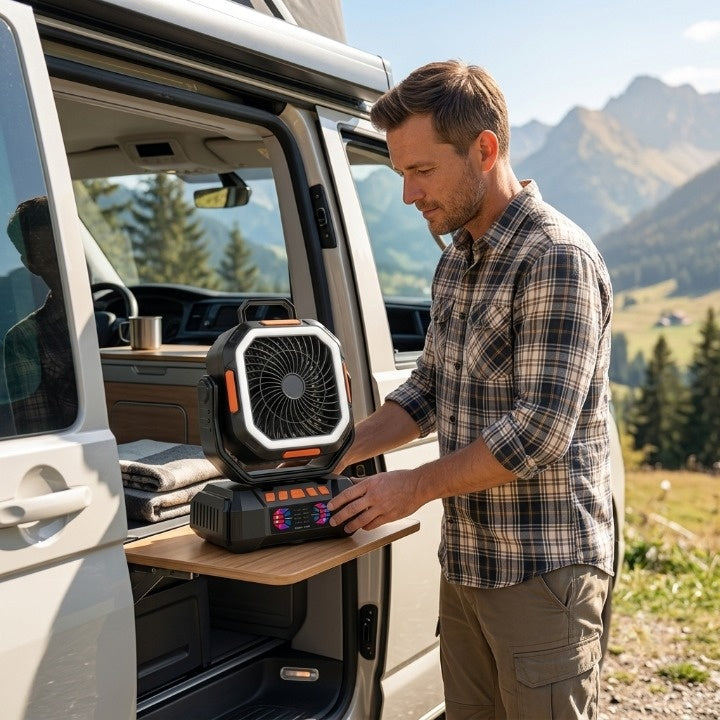 Campingventilator mit LED-Beleuchtung, 40.000 mAh Akku & Powerbank-Funktion -    Zorenza