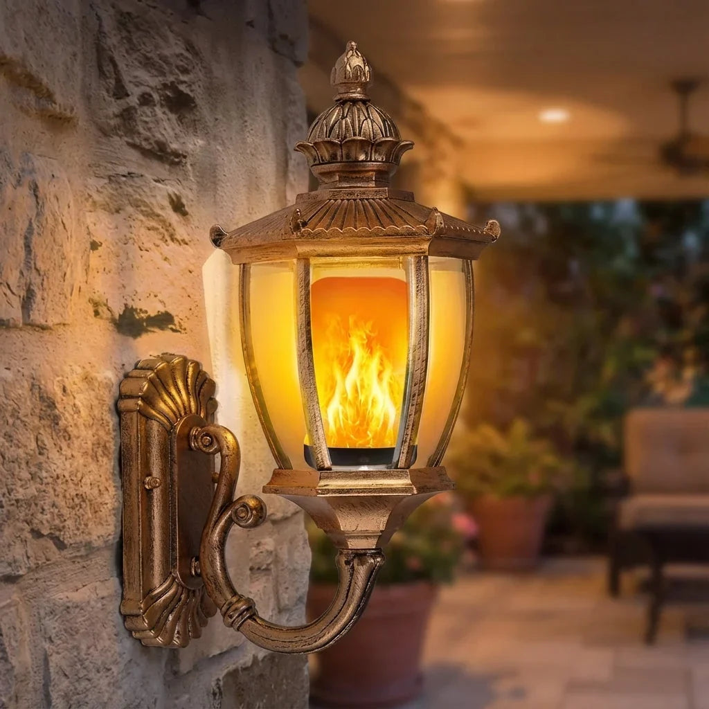 Wandleuchte Laterne Antik-Gold mit Flammeneffekt-LED -    Zorenza