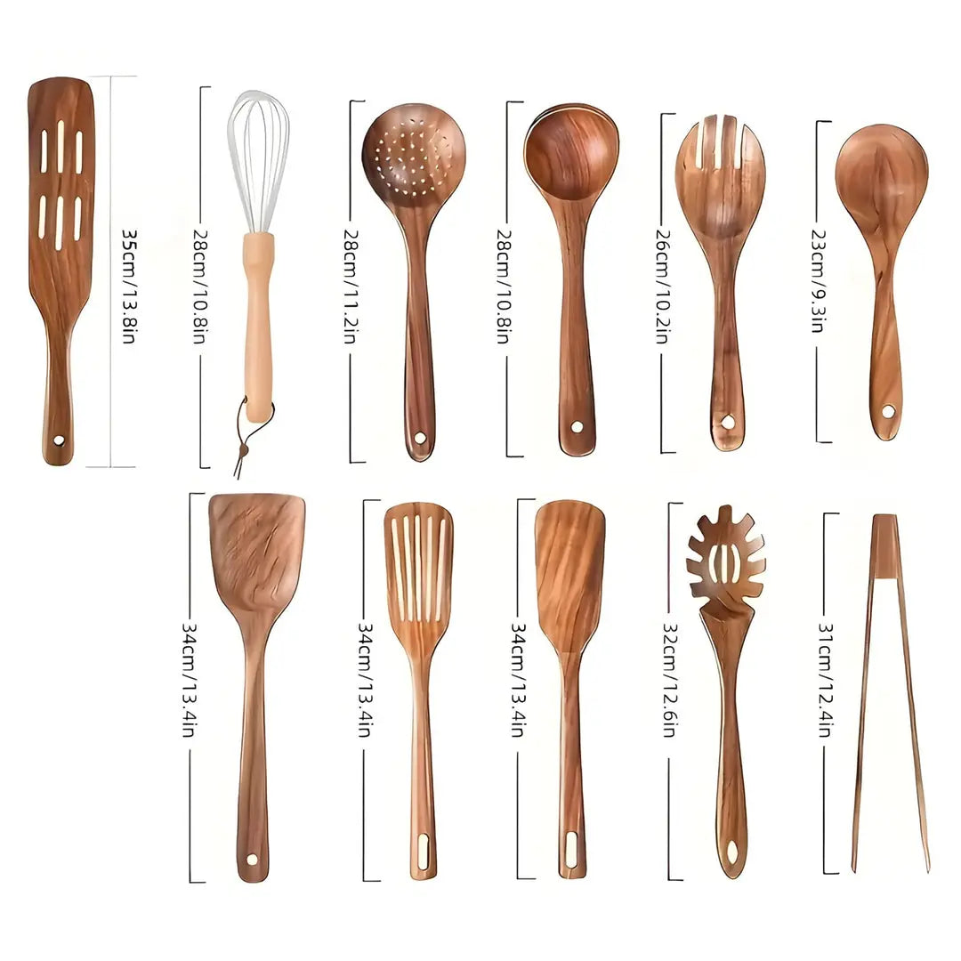 Holz-Küchenbesteck-Set – 11-teilig mit Schneebesen Zorenza