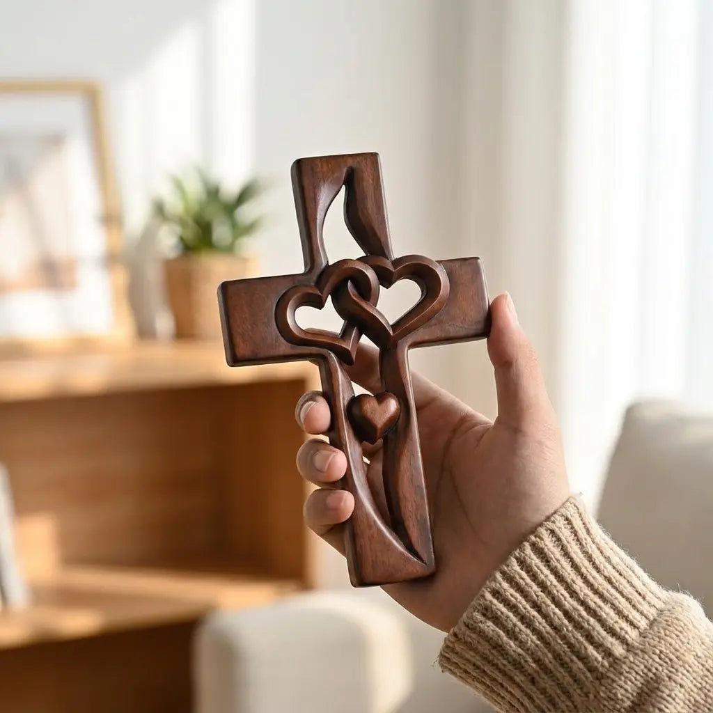 Holzkreuz Wanddeko mit Verschlungenen Herzen Zorenza