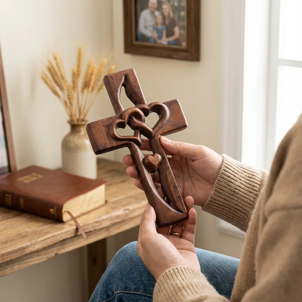 Holzkreuz Wanddeko mit Verschlungenen Herzen Zorenza