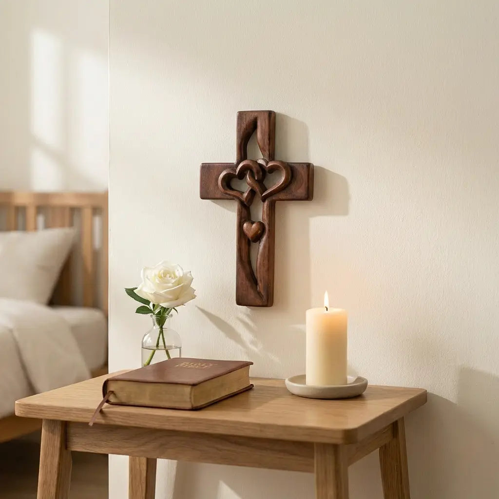 Holzkreuz Wanddeko mit Verschlungenen Herzen Zorenza